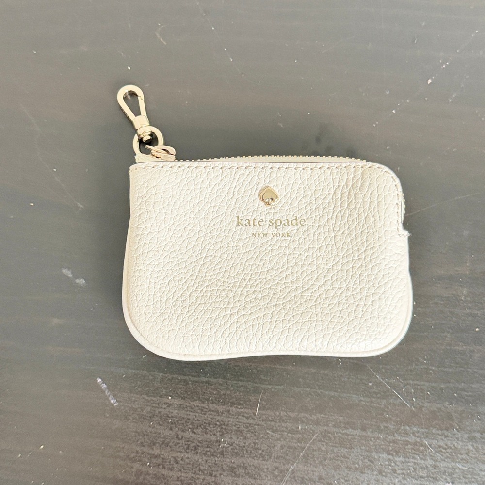 Kate Spade Off White Pebbled Leather Coin Purse Keychain Zip Pouch Bag Charm